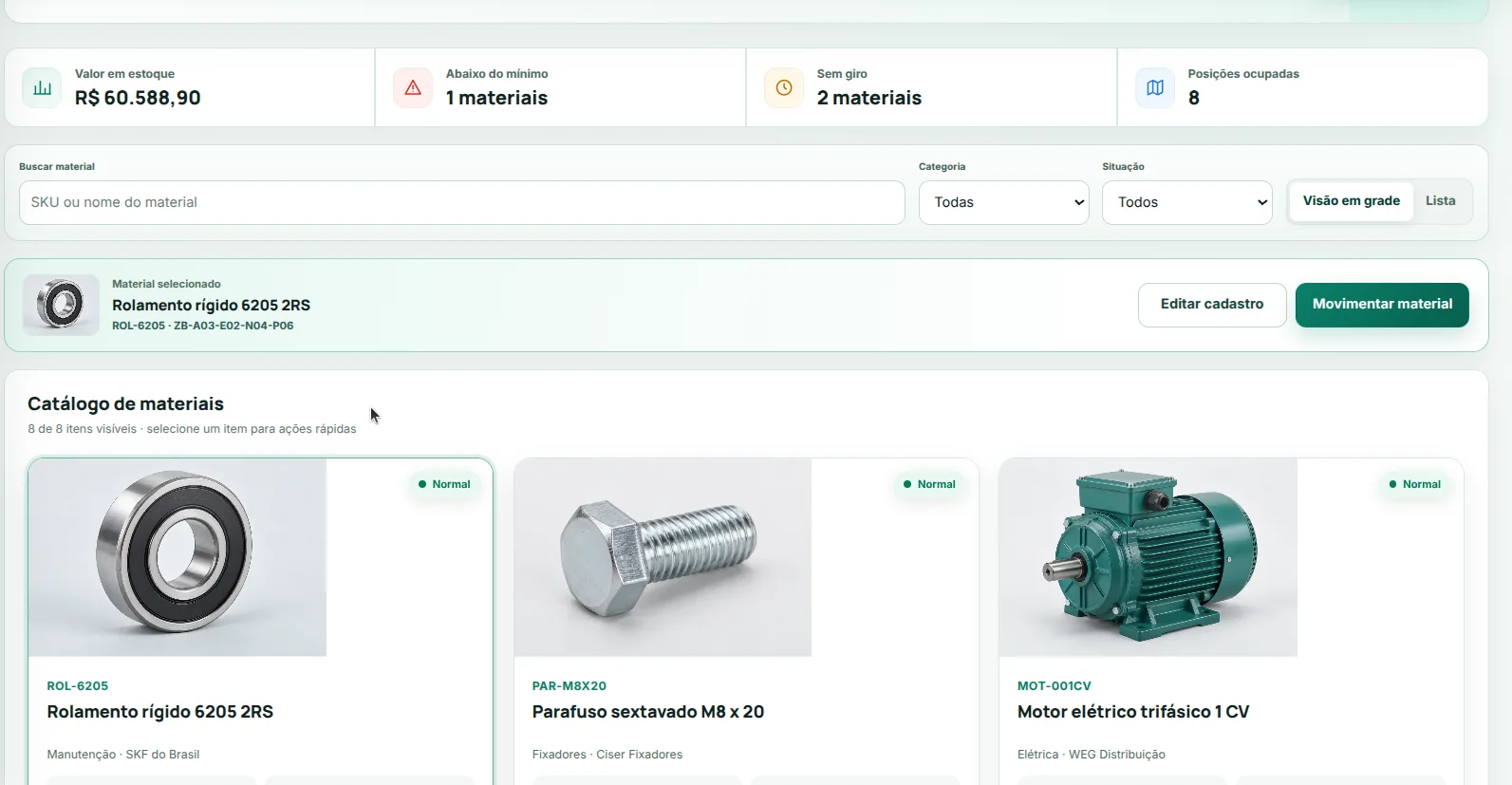 Catálogo de materiais no StockSys Industrial