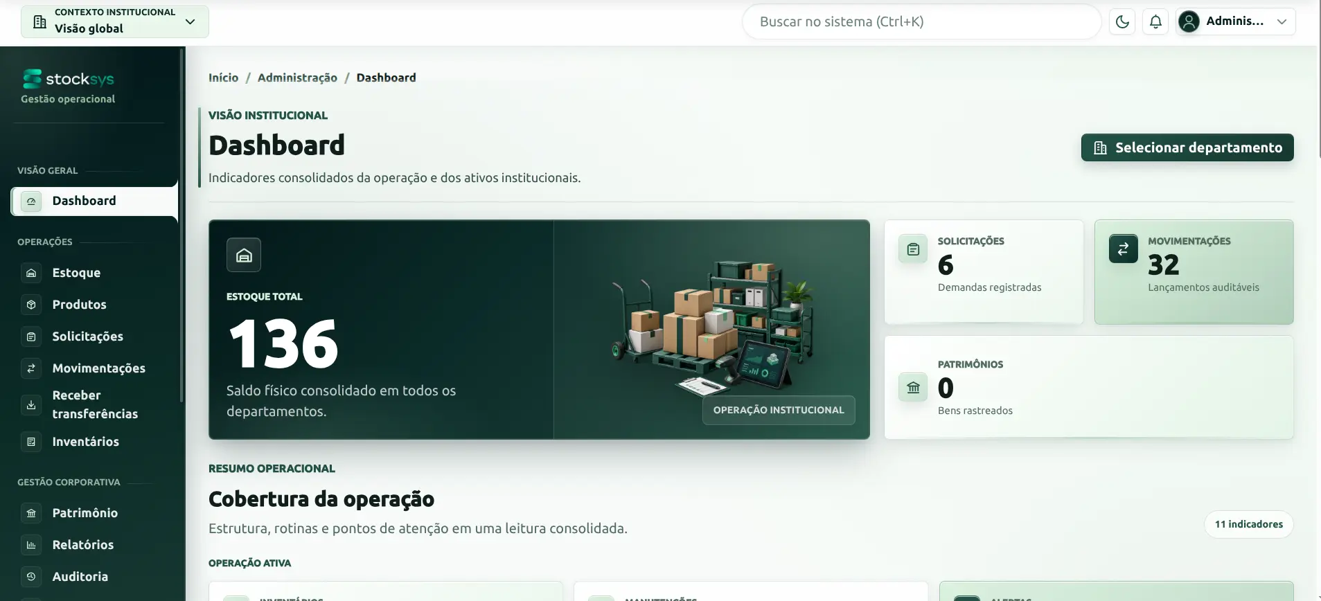Dashboard real do StockSys para administração pública, com estoque total, solicitações, movimentações e patrimônio